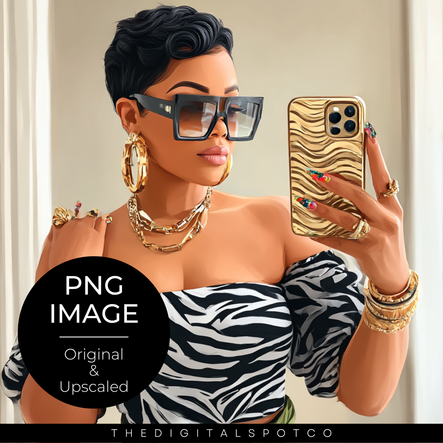 THIS PRODUCT FEATURES A BLACK WOMAN IN A ZEBRA PATTERN PNG IMAGE