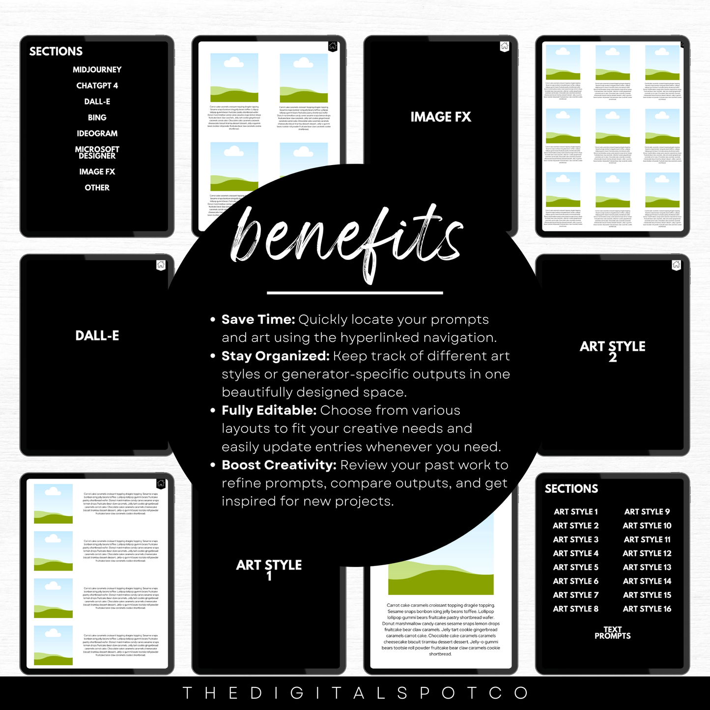 This products features two ai art prompt organizers created as editable Canva templates for organizing ai prompts and the art created with those prompts.