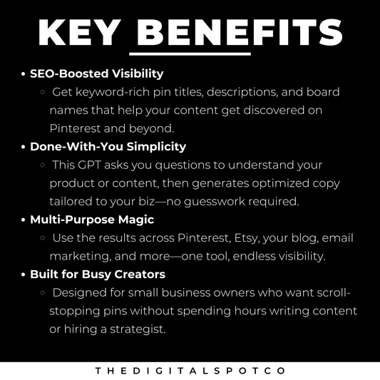 This product features a custom GPT that is used with ChatGPT. It is used to create pin titles, descriptions, board names, and more.