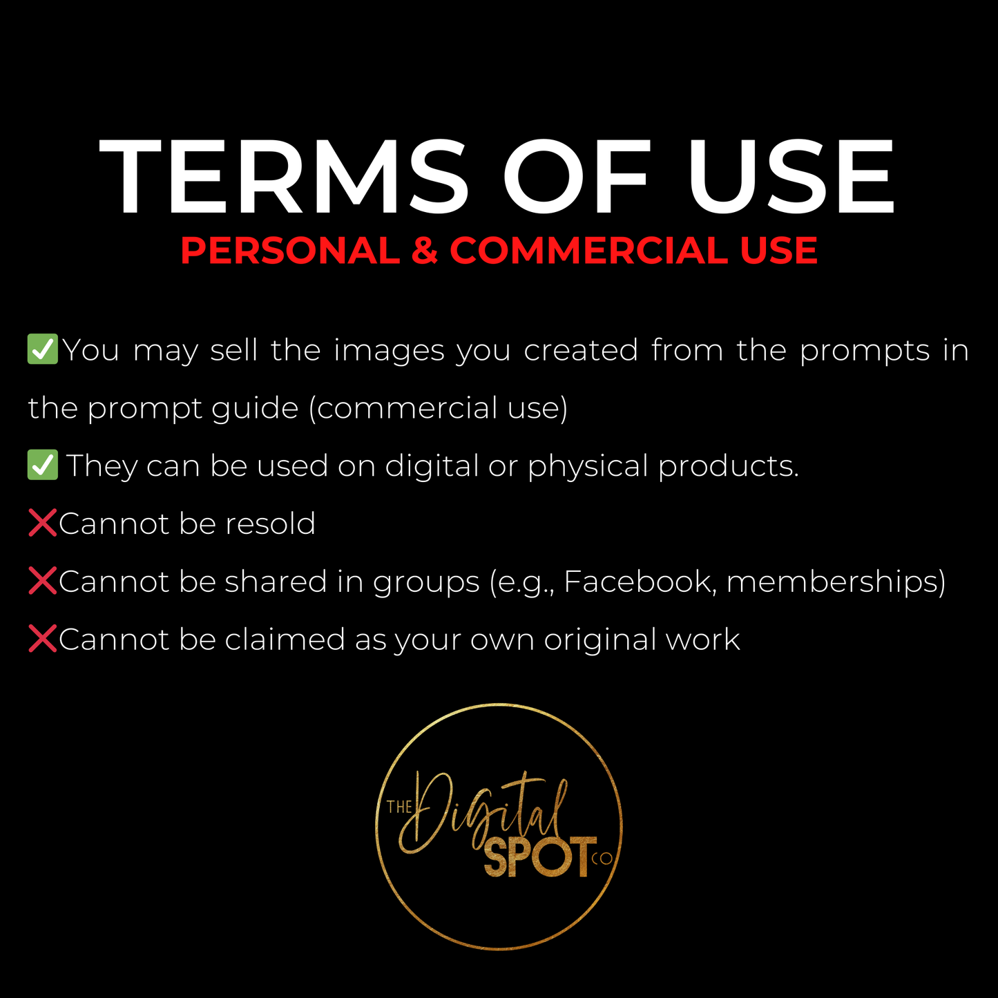 THE ART CREATED FROM THE PROMPT GUIDE CAN BE SOLD, BUT THE PROMPT GUIDE CANNOT BE SOLD OR SHARED.