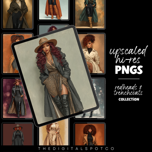 Redheads & Trench Coats PNG Bundle - 12 Unique AI-Generated Black Women - High-Res Artwork