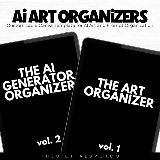 This products features two ai art prompt organizers created as editable Canva templates for organizing ai prompts and the art created with those prompts.