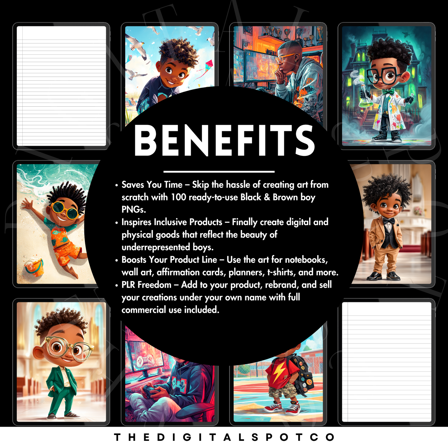 Promotional image for 'PLR DIGIART BOX' with digital art of boys in various settings.
