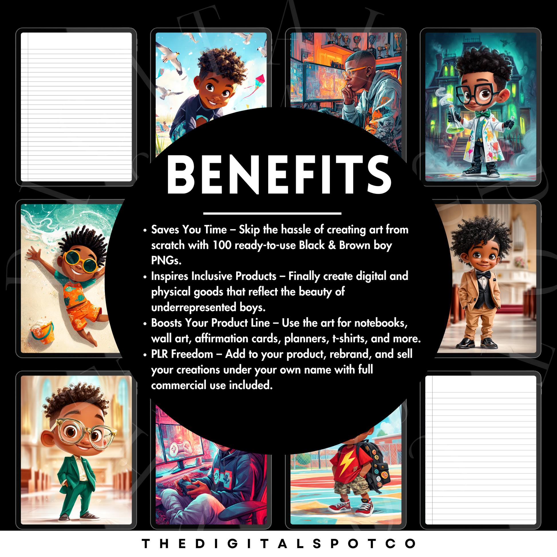 Promotional image for 'PLR DIGIART BOX' with digital art of boys in various settings.