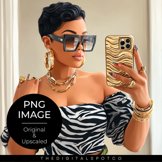 THIS PRODUCT FEATURES A BLACK WOMAN IN A ZEBRA PATTERN PNG IMAGE