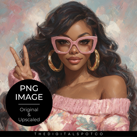 THIS PRODUCT FEATURES A BEAUTIFUL BLACK WOMEN HOLDING UP A PEACE SIGN WEARING PINK PNG IMAGE