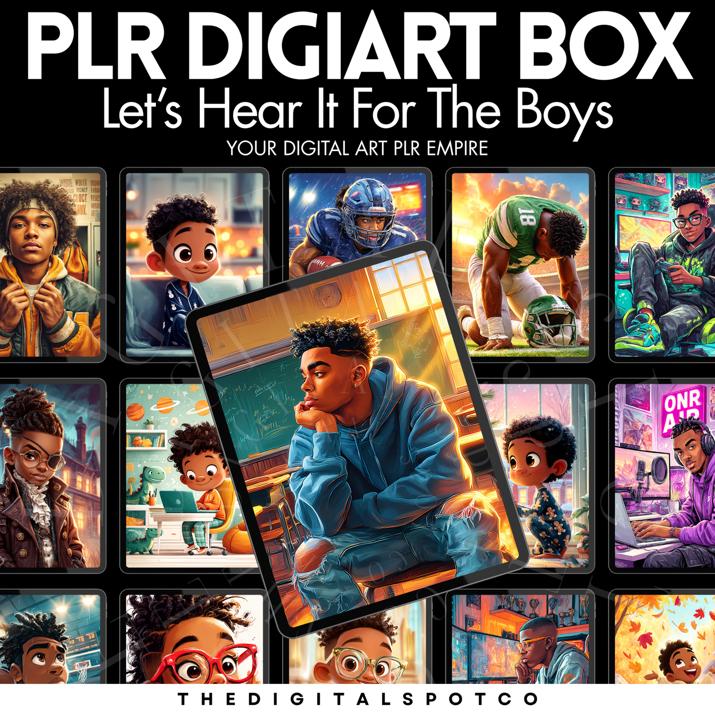 Promotional image for 'PLR DIGIART BOX' with digital art of boys in various settings.