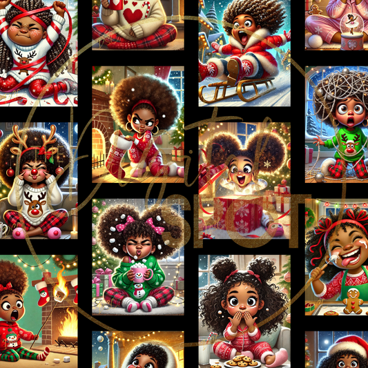 This product features 14 AI art prompts and PNG images to little Black girls making silly faces during Christmas.