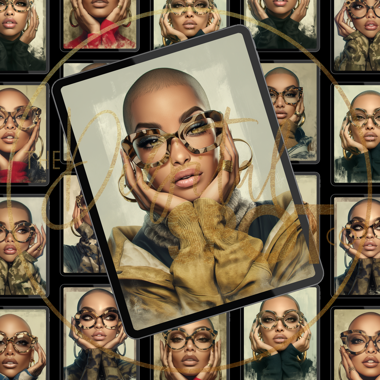 24 PNG Images featuring beautiful Black women wearing oversized eyeglasses with bald heads.