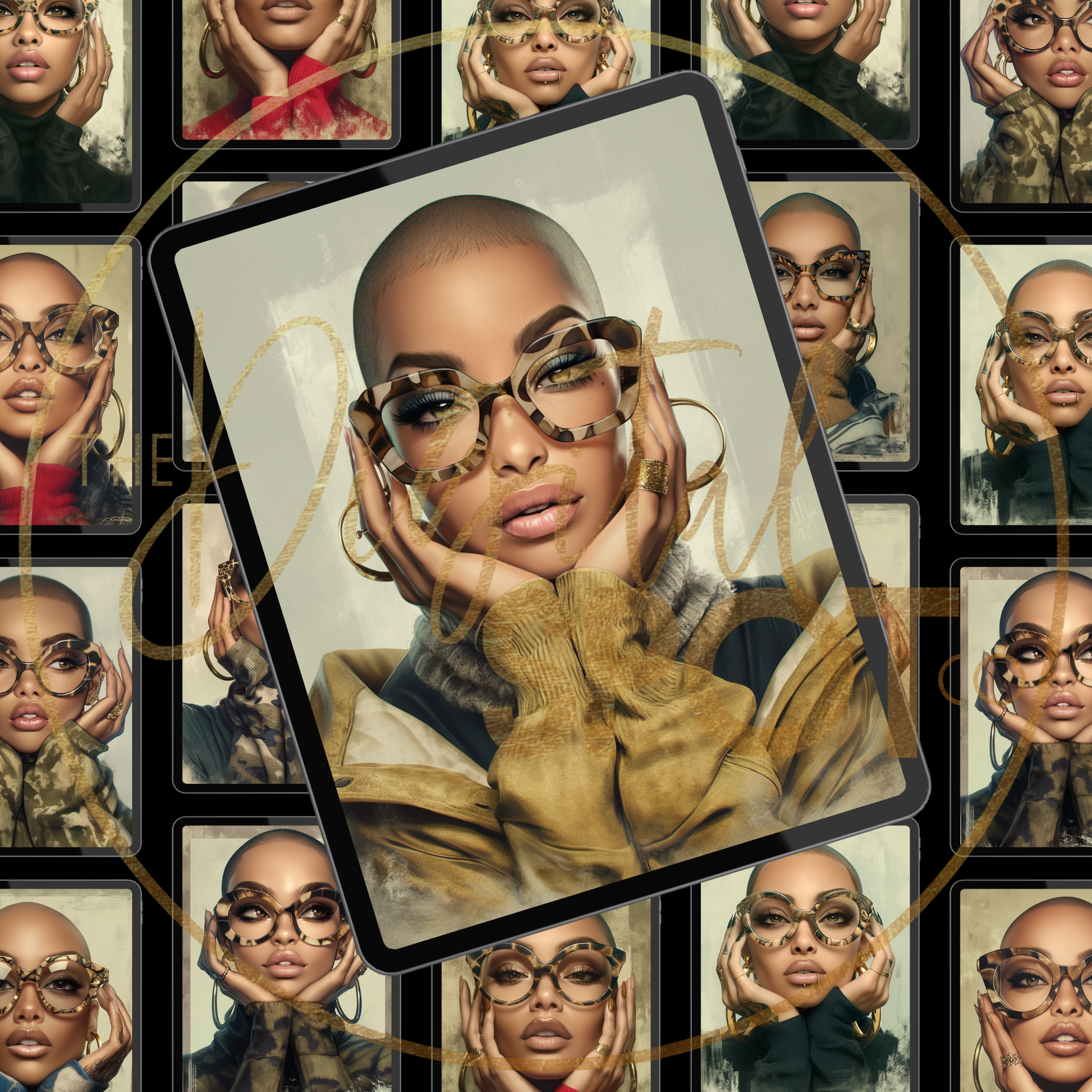 24 PNG Images featuring beautiful Black women wearing oversized eyeglasses with bald heads.