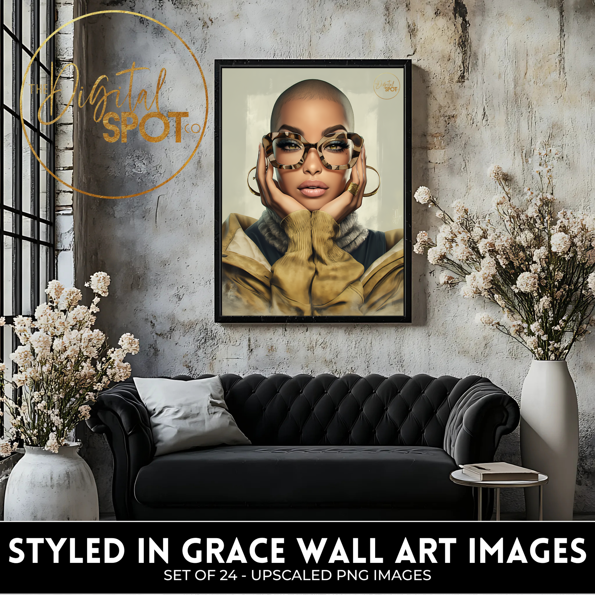24 PNG Images featuring beautiful Black women wearing oversized eyeglasses with bald heads.