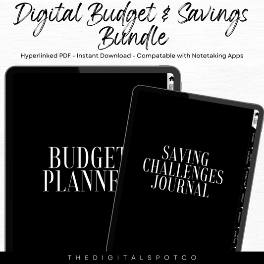 This product features a bundle that includes the digital planner and digital saving challenges journal.